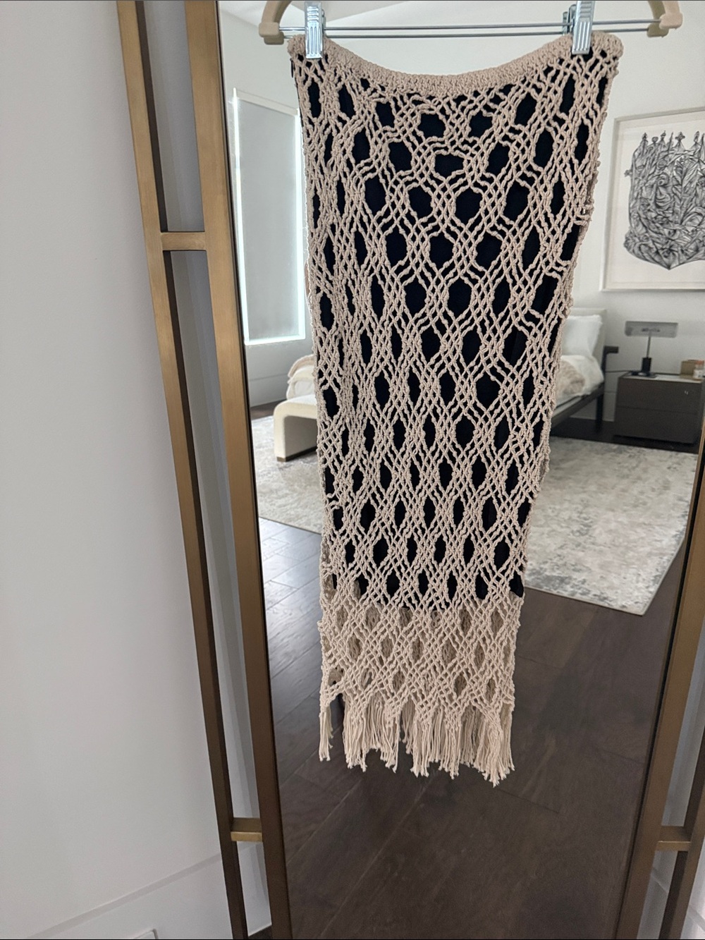 Beige Crochet Midi Skirt - Neutral Knit Fringe